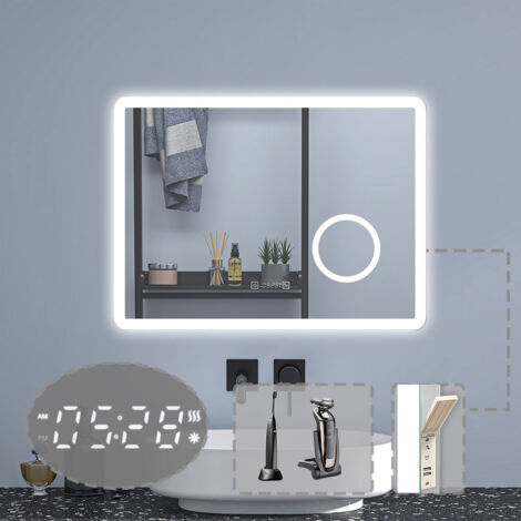 Badezimmerspiegel Wandspiegel LED Badspiegel mit steckdose Uhr 3 farben Dimmbar Memory Funktion 80x60cm