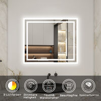 80 x 60 cm Beschlagfrei+3 Lichtfarben Dimmbar+LED Memory Funktion