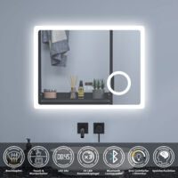 80 x 60 cm Badezimmerspiegel LED Badspiegel Wandspiegel Touch Beschlagfrei+Uhr+Bluetooth+Kosmetikspiegel+3 Farben Dimmbar+LED Memory Funktion