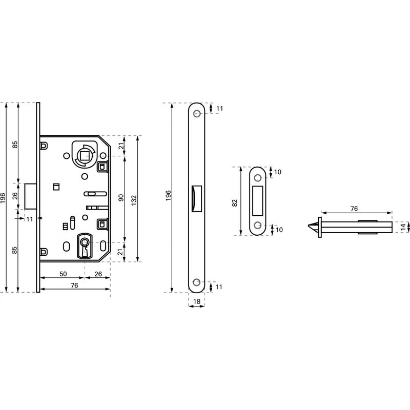 Serratura Patent da incasso 90mm x 50mm, reversibile, piastra tonda,  richiamo 1/2 giro, 1 chiave, bronzo - THIRARD