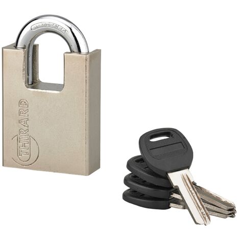 Lucchetto a chiave Quadra, guardia alta in acciaio, 50mm, arco temprato nichelato, 4 chiavi reversibili - Thirard