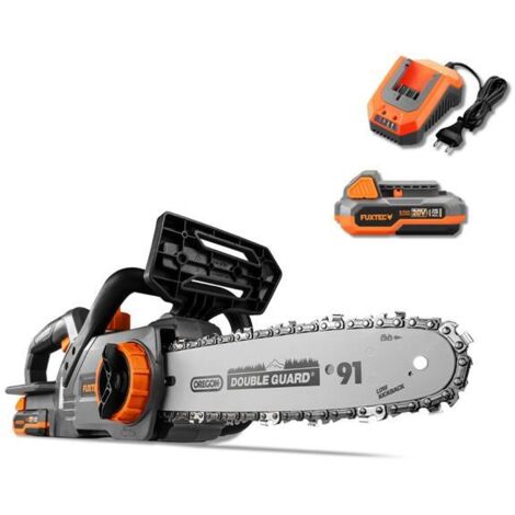 Motosierra FUXTEC 20V FX-E1KS20 con batería 2Ah y cargador. Corte 24cm, 5m/s. Ligera, compacta y lista para usar.