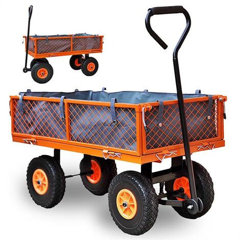 Carretilla de jardín FUXTEC FX-GW350 con paredes laterales abatibles para cierre rápido, carga máxima de 150 kg, neumáticos XXL, lona interior de poliéster práctica y manejable.