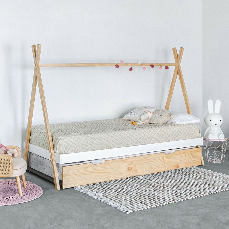 Cama Tipi 90x190cm + cama elevable color pino.
