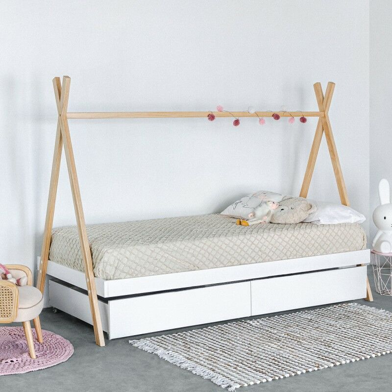 Cama Tipi 90x190cm + cajones de almacenamiento color blanco.