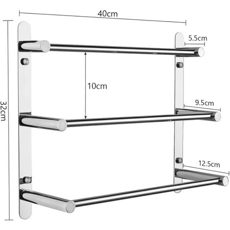 Porte-Serviettes Mural de Salle de Bain Porte-Serviettes Aluminium avec 3 barres 40×28cm Argent