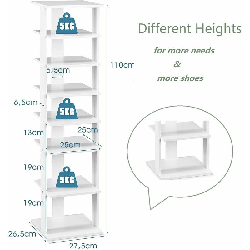 GIANTEX Scarpiera da Ingresso, Portascarpe a 7 Ripiani, Scaffale per 7/14  Scarpe, Stretto e Compatto per Salvaspazio, 2 Size di 27,5x26,5x110 cm e  45x25x110 cm (Bianco, M)