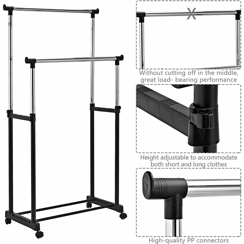 GIANTEX Stendino a 2 Tubi Appendiabiti a Doppio Binario Attaccapanni  Regolabile in Altezza Porta Abiti con Ruote Stand Stender in Metallo con  Ruote, 86 x 43 x 94-168 cm