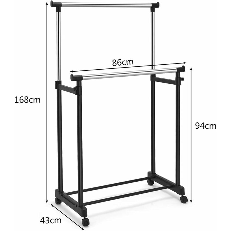 GIANTEX Stendino a 2 Tubi Appendiabiti a Doppio Binario Attaccapanni  Regolabile in Altezza Porta Abiti con Ruote Stand Stender in Metallo con  Ruote, 86 x 43 x 94-168 cm