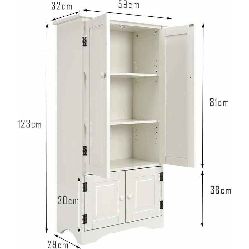 GIANTEX – Mobile Multiuso a 4 ante in Legno con Stile retrò Armadietto a 4  ripiani per Bagno Cucina Soggiorno Studio 58,5 x 32 x 123cm (Bianco)