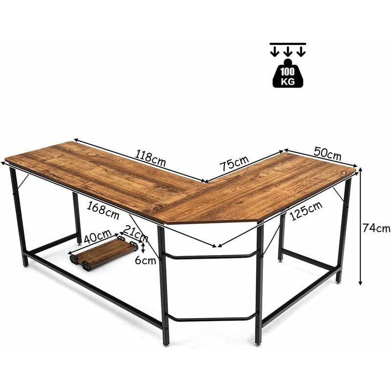 COSTWAY Scrivania Angolare in Legno e Ferro, Scrivania Porta PC con Porta  CPU, Scrivania Salvaspazio Ideale per Studio e Ufficio, Portata Massima 100  kg, 168 x 125 x 74 cm (Caffè) 