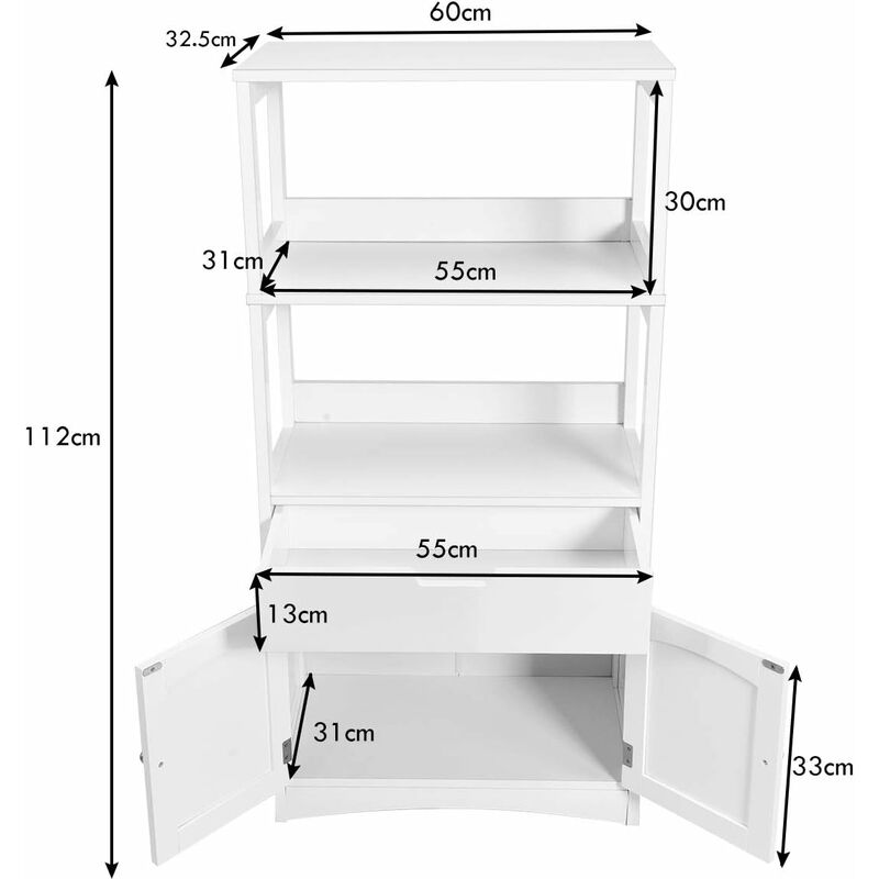 GIANTEX Armadietto da bagno con cassetto, armadietto alto per il bagno con  2 ripiani aperti, armadio da cucina a microonde, armadietto multiuso bianco