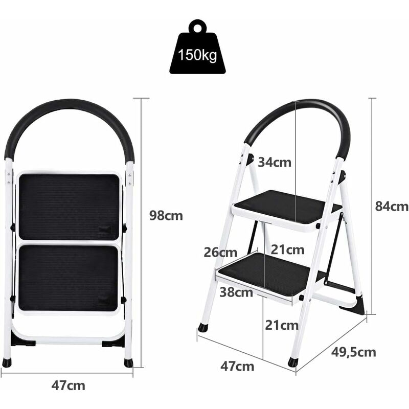 Mitepek - Scaletta a 2 Gradini Pieghevole in Alluminio con Piedini e Gradini  Dotati di Gomma Antiscivolo MAX 150Kg Bianco