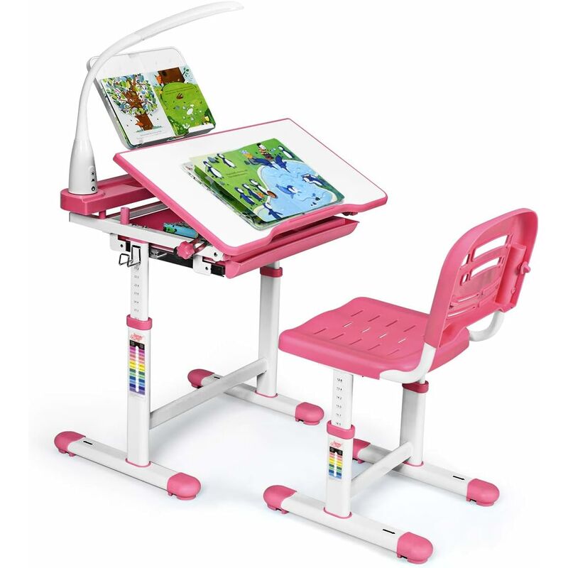 GIANTEX Scrivania per Bambini con Sedia, Tavolo con Lampada, Cassetto e  Ripiano di Lettura Inclinabile, Regolabili in Altezza e Schienale, per  Studio/Pittura, Carico di 80kg, 66x47x54-76cm (Rosa)