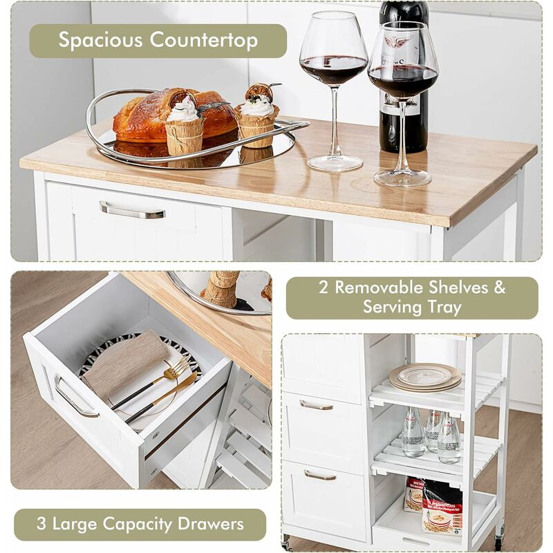 Giantex Carrello di Servizio con 4 Ripiani, Scaffale da Cucina con Rotelle,  Mobiletto Cucina Salvaspazio con 3 Grandi Cassetti, 67x37x83,5 cm, 2 Colori  (bianco)