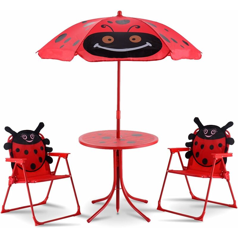 Giantex Set di Mobile con 2 Sedie, Tavolino Pieghevole e Ombrellone,  Tavolino per Bambini in Acciaio da Esterno, Ideale per Giardino, Campeggio,  Terrazzo, Cortile, Rosso