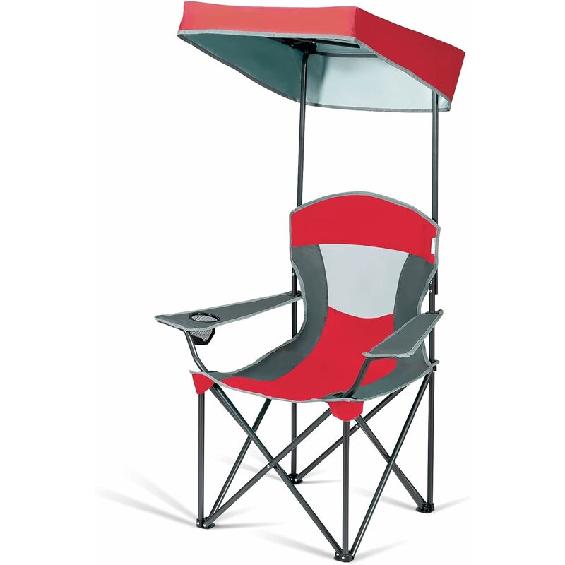 GIANTEX Sedia da Campeggio con Parasole, Sedia da Spiaggia, di Telaio in Metallo  con Carico di 150kg, Sedile Traspirante, Design Pieghevole con  Portabicchieri, 91,5 x 60 x 103,5 cm, Rosso