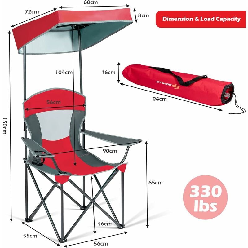 GIANTEX Sedia da Campeggio con Parasole, Sedia da Spiaggia, di Telaio in  Metallo con Carico di 150kg, Sedile Traspirante, Design Pieghevole con  Portabicchieri, 91,5 x 60 x 103,5 cm, Rosso