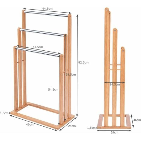 GIANTEX Portasciugamani autoportante, in bambù, porta asciugamani da bagno,  con 3 aste in acciaio inox, accessorio da bagno per asciugamani