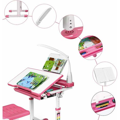 GIANTEX Scrivania per Bambini con Sedia, Tavolo con Lampada, Cassetto e  Ripiano di Lettura Inclinabile, Regolabili