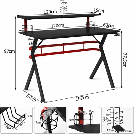 Homcom Scrivania Gaming con Piano Rialzato per Monitor e Gancio Cuffie in  MDF e Acciaio Nero 140x60x90cm