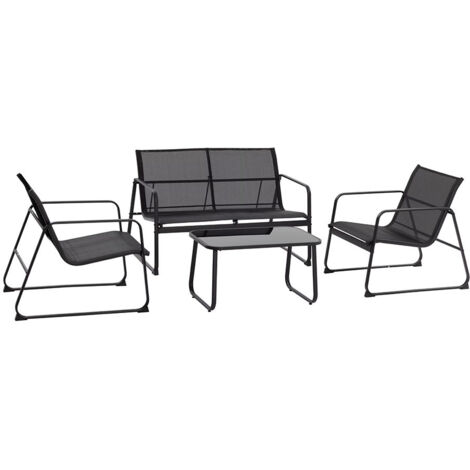 Mediawave Store – Salon de jardin ZANZIBAR noir 4 pièces – Canapé 2 places avec accoudoirs – 2 fauteuils – Table basse en verre noir mat – Structure en fer peint
