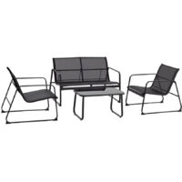 Salon de jardin ZANZIBAR noir 4 places – Canapé 2 places avec accoudoirs – 2 fauteuils – Table basse en verre noir mat – Structure en fer peint par poudrage – Mediawave Store