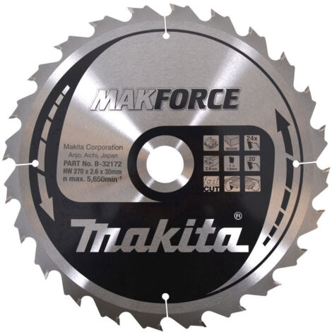 Makita – Lame de scie circulaire 270 mm B32172 – Alésage 30 mm – 24 dents carbure pour bois dur – Coupe nette et rapide