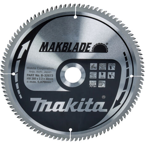 Makita – Lame de scie circulaire 260mm pour bois dur – 100 dents – Diamètre alésage 30mm – Épaisseur 2,3mm – B32873
