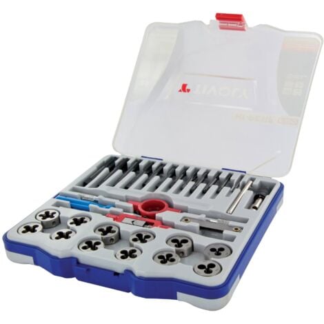 Tivoly • Mallette PRO 29 Pièces • 12 Tarauds HSS M3 à M12 & MF8 à MF12 • 12 Filières HSS M3 à M12 & MF8 à MF12 • 2 Tourne-à-Gauche • 1 Porte-Filière • Accessoires • Pour Usinage Aciers Résistants