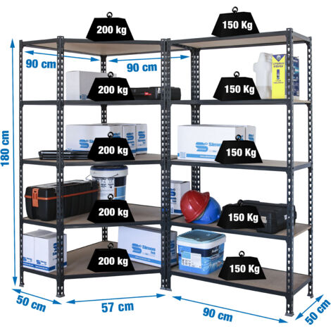 Lot De 2 étagères G-Rack 180x90x30 Cm - 5 Niveaux, 175 Kg Par Niveau, Noir - Sans Boulon