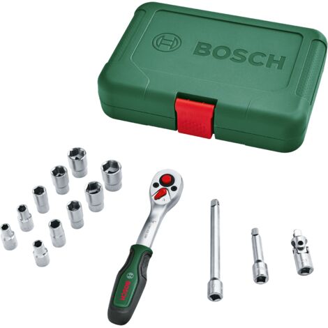 Jeu de douilles Bosch (1 x cliquet ¼", adaptateur, 10 douilles, 2 rallonges, soft grip, porte-embout magnétique, étui)