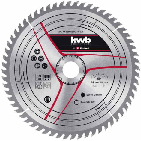 Lame de scie circulaire 250mm – Alésage 30mm – 60 dents pour bois dur – Coupe nette sans éclat – KWB
