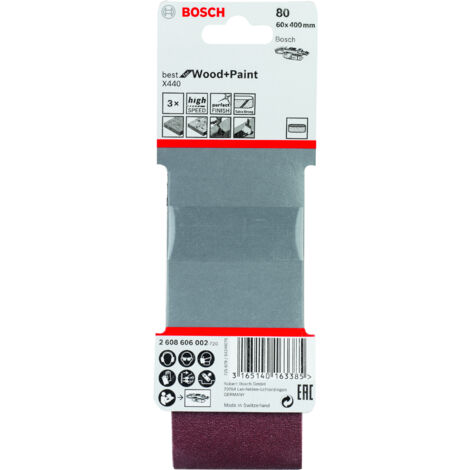 Bosch – Bande abrasive 60x400mm grain G80 – Pour ponçage bois et surfaces vernies – Lot de 3 – 2608606002