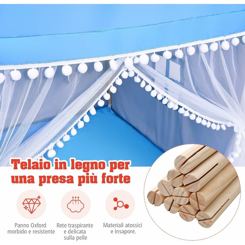 Relaxdays Tenda per Bambini da Gioco, Capanna Indiana con Tappetino,  Interni e Esterni, HLP 154x124x124 cm, Bianco Blu