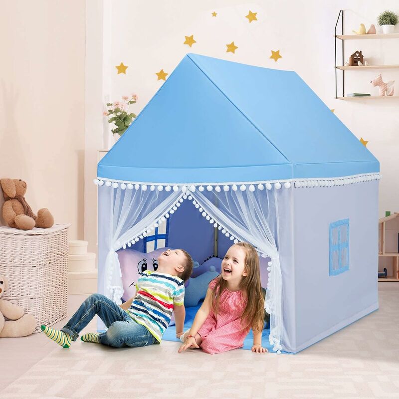 Relaxdays Tenda per Bambini da Gioco, Capanna Indiana con Tappetino,  Interni e Esterni, HLP 154x124x124 cm, Bianco Blu