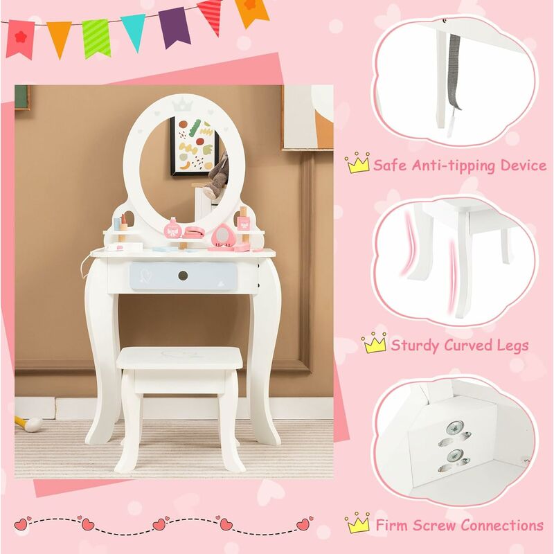 DREAMADE Toeletta Trucco per Bambina, Specchiera Trucco con Sgabello e  Accessori da Trucco, Toeletta in Legno