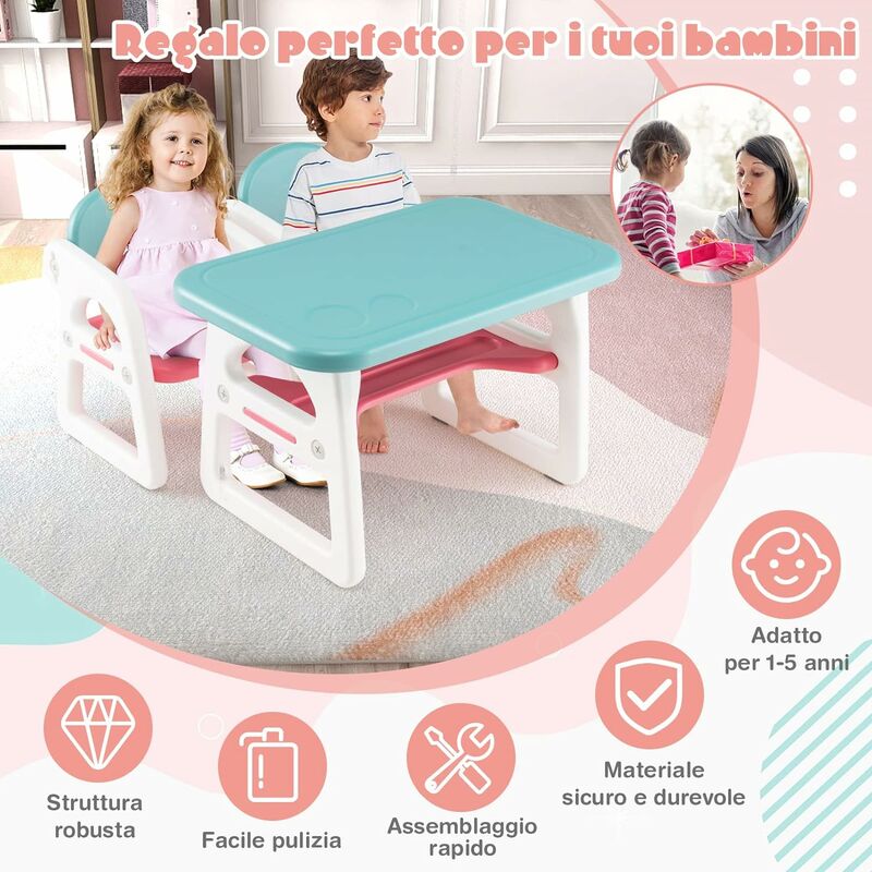DREAMADE Set Tavolo e Sedie per Bambini, Tavolino Multiattivita con 2  Sedie, Set di Mobili Multifunzione per Giocare, Disegnare e Leggere (Blue)