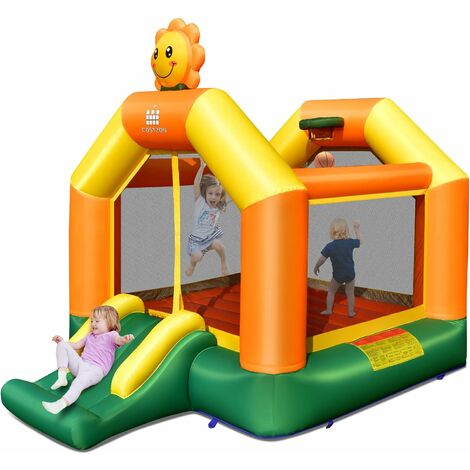 DREAMADE Castello Gonfiabile, Rete di Protezione, con 1 Trampolino, 1  Canestro e 1 Scivolo, Grande Zona per 3 Bambini da 3 a 10 Anni, Peso di  Ogni Utente 45 kg, Multicolore, 360x270x285 cm