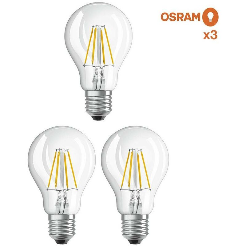 Pack ahorro de 3 bombillas LED OSRAM E27 A60 6.5W Transparente Blanco Cálido