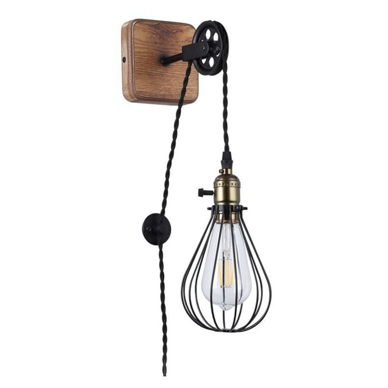 Aplique De Pared colgante vintage pendol polea y enchufe negro b·led led barcelonaled madera con cable interruptor