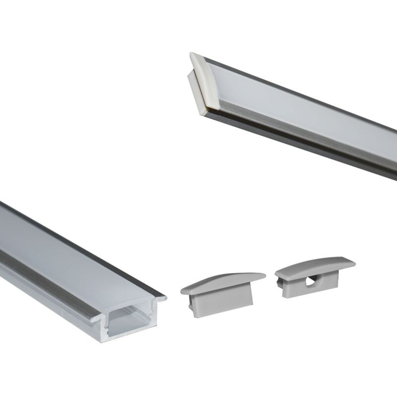 Perfil de aluminio empotrable para tira LED con difusor - 2 tapas - 23x8mm  - 2 metros Plata