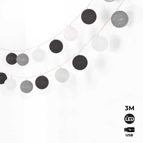 Guirnalda LED Bolas De Algodón 20 Bolas Con USB 3m-IP44-4cm - Gris, blanco, negro
