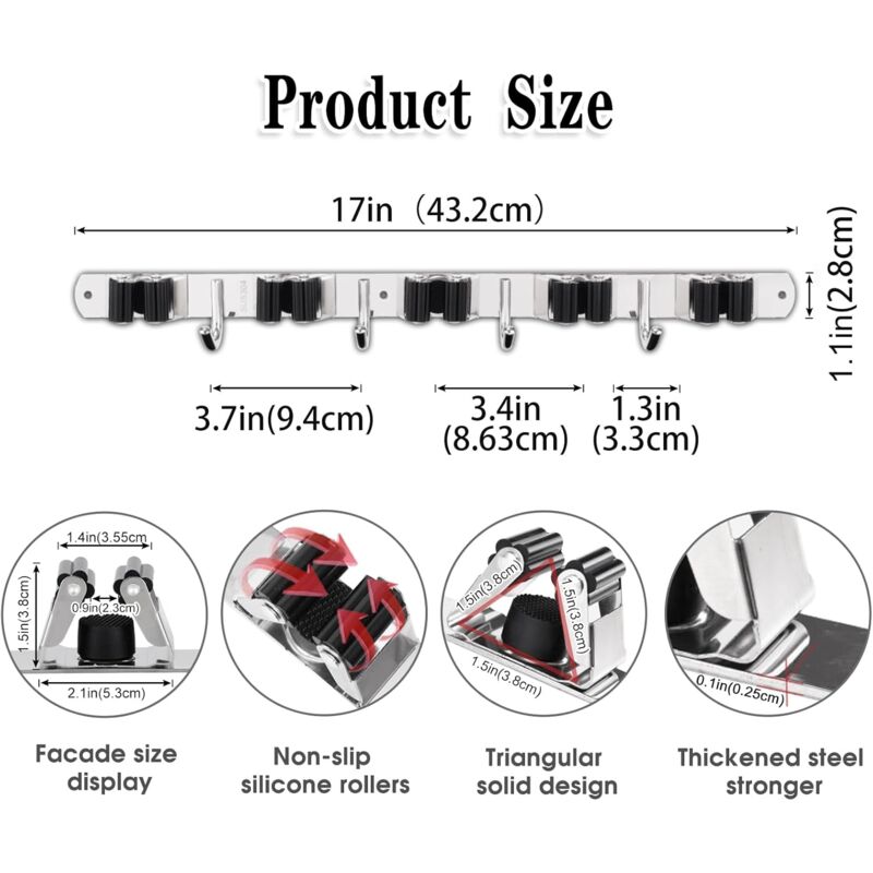 Organizador De Pared Para Escobas Y Herramientas - Acero Inoxidable, 5 Ranuras Y 4 Ganchos, Para Garaje/Cocina