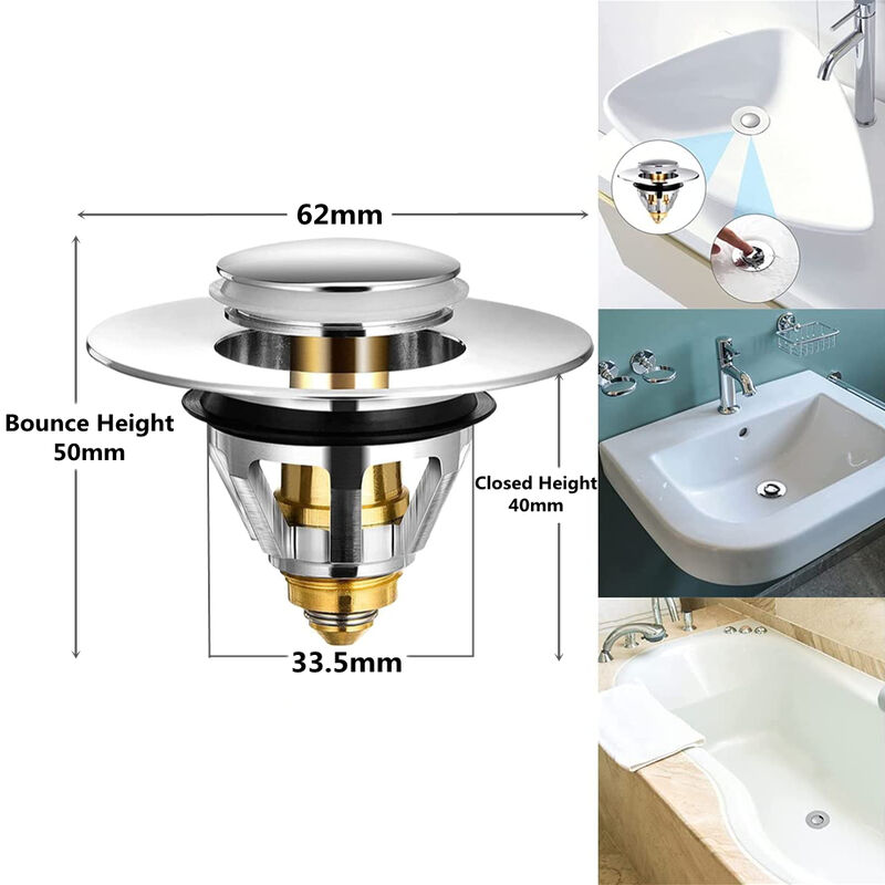 Válvula de desagüe 9cm. Tapón para lavabo y baño universal G1-1/4 cromado