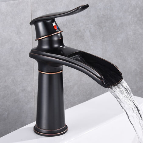 Grifo Lavabo Cascada Moderno Mezcladora Monomando para Lavabo Grifo Mezclador de Baño de Latón Agua Fria y Caliente Disponible Negro (1/5)
