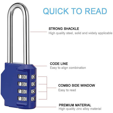 2 PCS Candado de Combinación Extendido Azul Cerradura de Combinación de 4  Dígitos para Gimnasio Garage