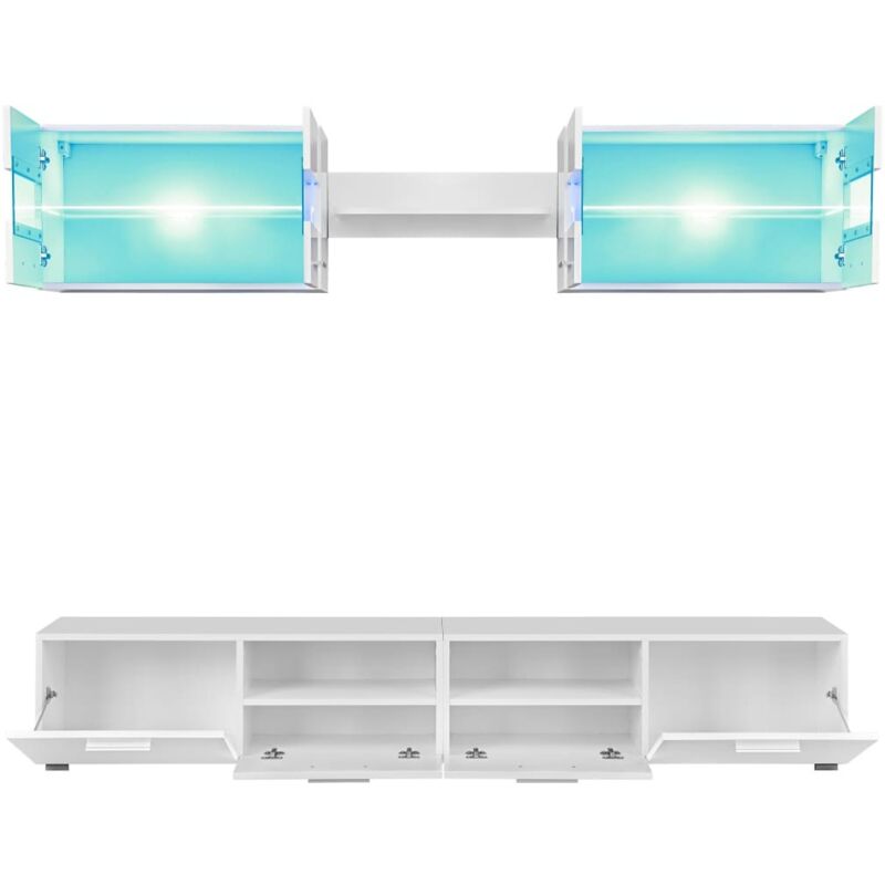 Meuble TV Mural Lechnical 5 Pièces Noir - Éclairage LED Portes Rabattables