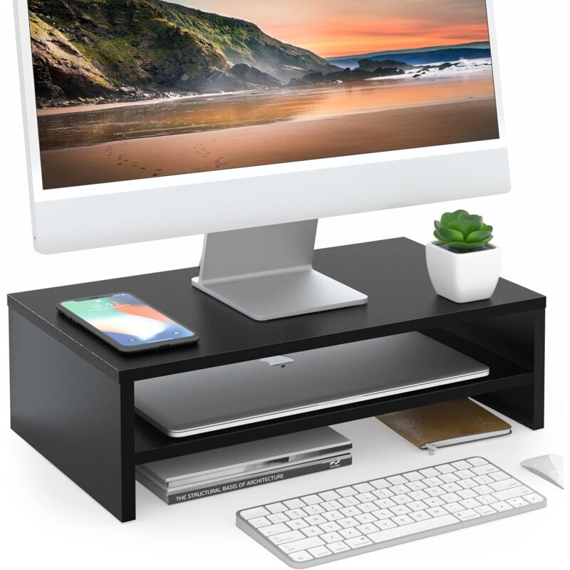 Relaxdays Supporto per Monitor, Rialzo per 2 Schermi, Regolabile, Lavoro  Ergonomico, Stand per PC da Scrivania, Nero