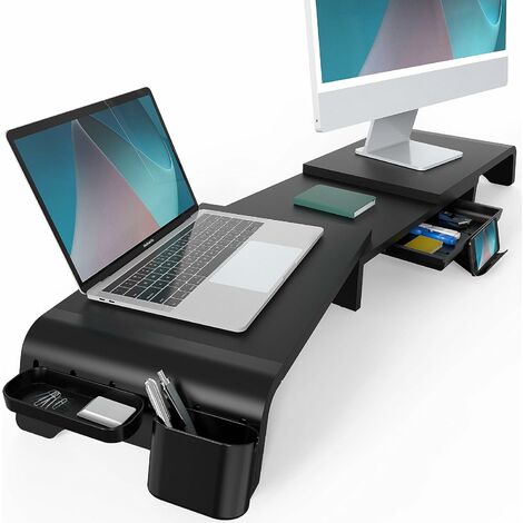 SoBuy, supporto per monitor pc scrivania, Organizer scrivania, rialzo  monitor, nero, Con 2 cassetti
